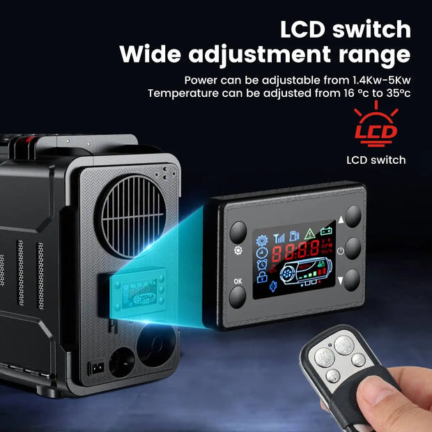 Hcalory - Dieselkachel - Elektrische kachel - Gereedschapskistvormige dieselluchtverwarmer - Verwarming en ventilatoren - Benzineluchtverwarmer - met afstandsbediening en lcd-monitor - Met EU-adapter - 12V - 8KW - Zwart