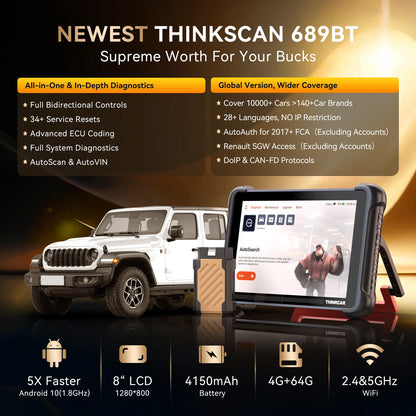 Lifetime Free Update THINKCAR THINKSCAN 689BT OBD2 Diagnostic Tool DOIP CANFD Bi-directional ECU Coding 34 Resets for 140 Brands - QUORE