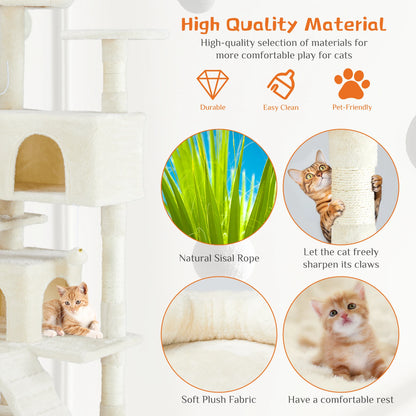 Krabpaal - voor Katten - Krabton - Hoge Kattenboom – 54inch - Multi-Level Krabpaal - Stabiele Kattenboom - Zacht en Knus - met Sisal en Huisjes - Beige