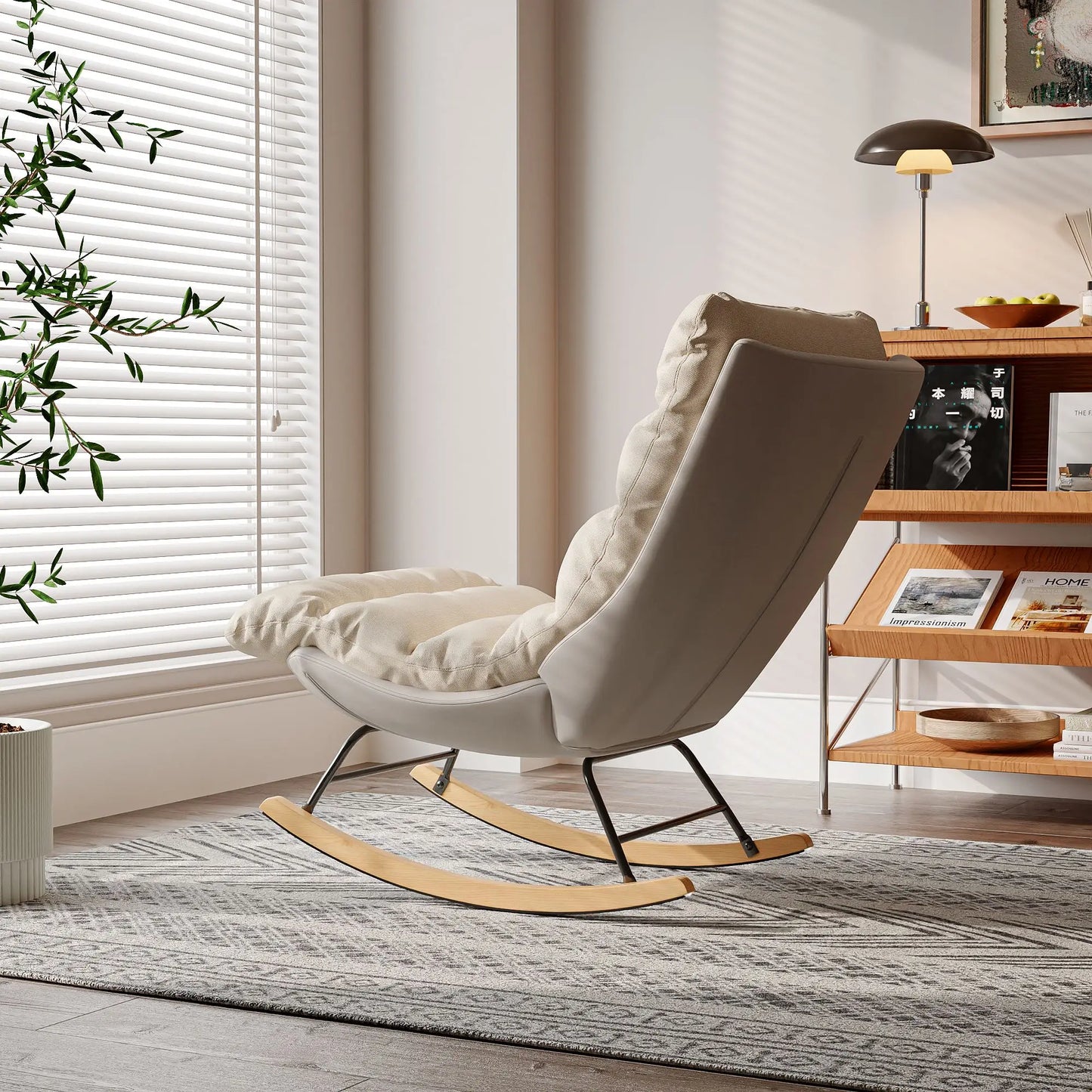 Schommelstoel – Relaxstoel – Leesstoel – Zitstoel – Ruststoel – Ergonomische Rugleuning – Antislip Padden - 83 x 72 x 93 cm - Witte Rijst