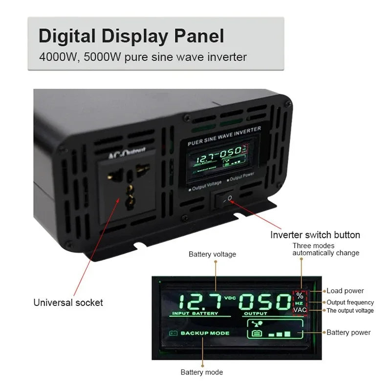 Stroomomvormer – Omvormer – Spanningsomvormer – 12V Naar 220V – Zuivere Sinusgolf – 5000W Continu Vermogen – LCD-Display