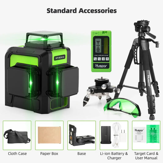 Huepar 903CG Set 12 3D Cross Lines Laser Level Osram Green Laser Beam Self-Leveling 360 Vertical Horizontal with Receiver Tripod - QUORE