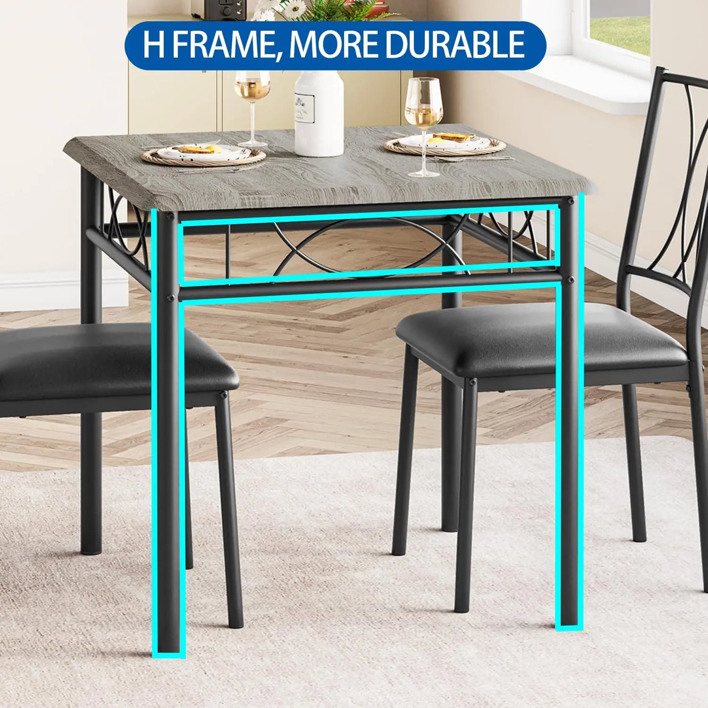 3-Piece Wood Dining Table Set for 2, Compact Square Kitchen Table Set with 2 Upholstered Chairs, Space-Saving Dining Table Set f