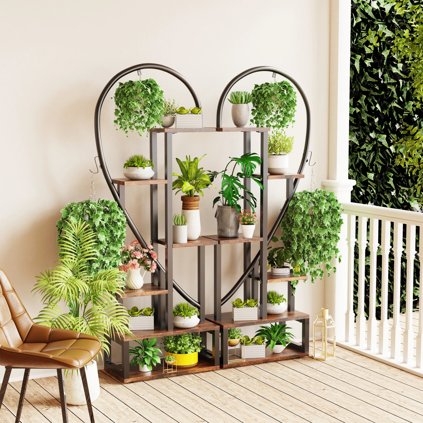 Plantenrek - 6-laags - Plantenrekken - Halve Hartvormige - Metalen Plantentrap - Plantenstandaard - voor Binnen en Buiten - Multifunctioneel - Hoogwaardig MDF-hout - Ruimtebesparend