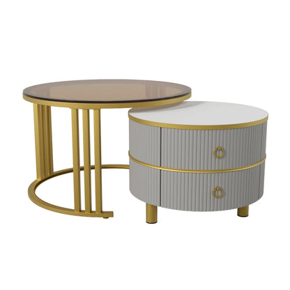 Salontafel – Bijzettafel – Woonkamertafel – Koffietafel – 2-in-1 Rond Model – Hoogglans Wit en Bruin Glas – 2 Lade Opbergruimtes – MDF & Gehard Glas - QUORE