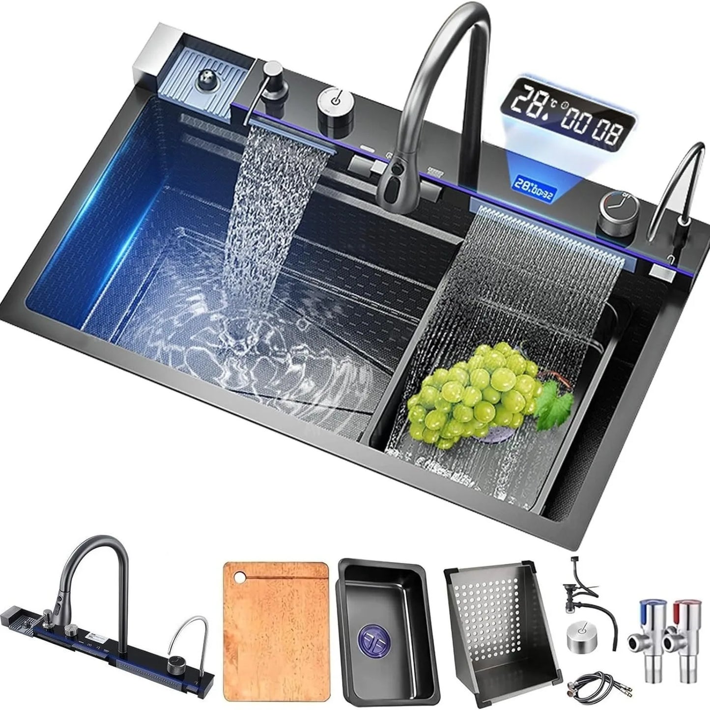 304 Stainless Steel Kitchen Sink Double Waterfall Single Slot Integrated Digital Display Faucet Set Soap dispenser Cup Washer - QUORE