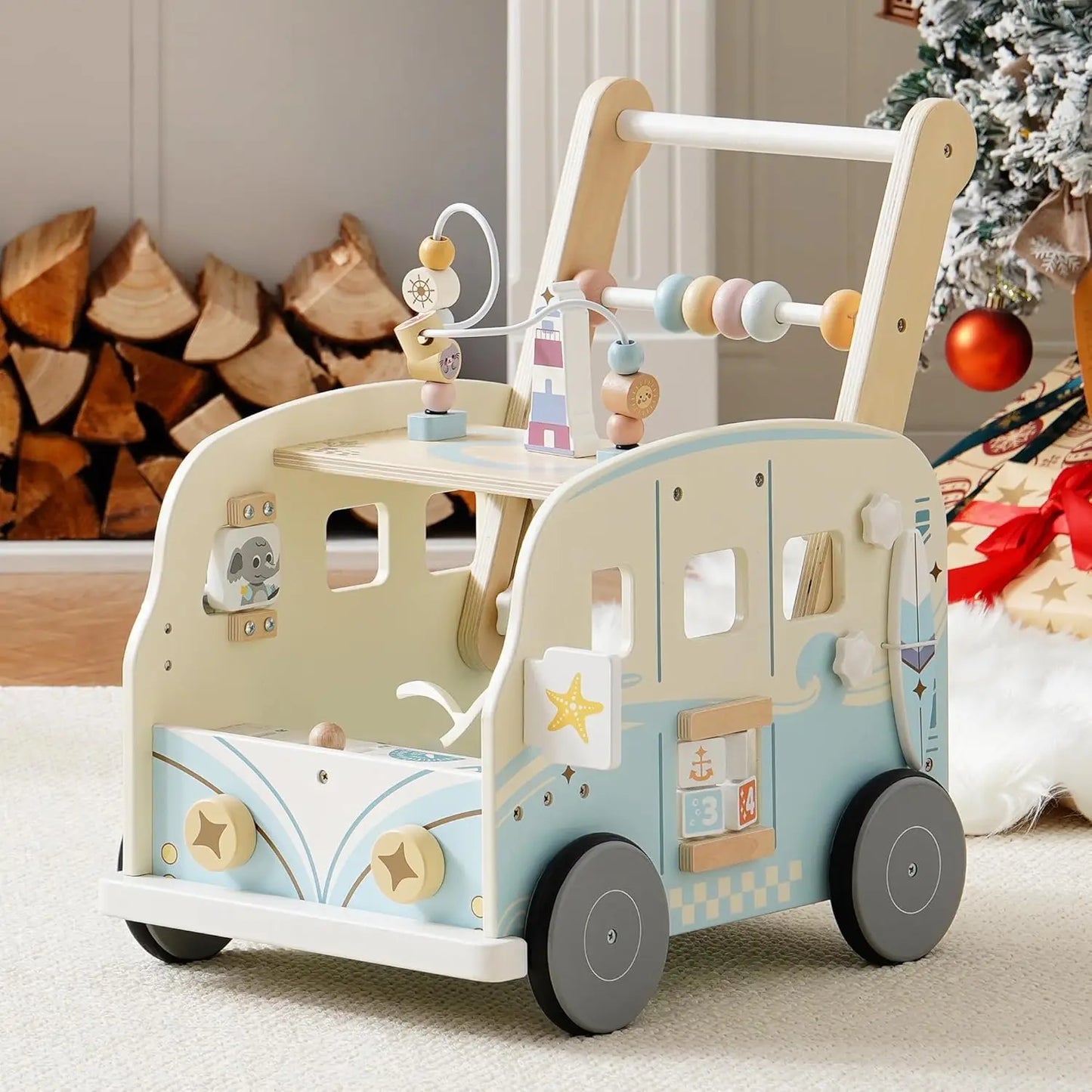 Loopstoel - Loopstoeltje - Loopwagen - Multifunctionele - Houten Wandelaar in Busstijl - voor 1-6 jaar oud - 44 x 33 x 18 cm - Hout & Blauw