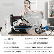 5-in-1 Hittepers Machine - Sublimatie Transferpers 12x15 inch - Digitaal Precisie Controle - 360° Draaisysteem - Hittebestendig - Zwart