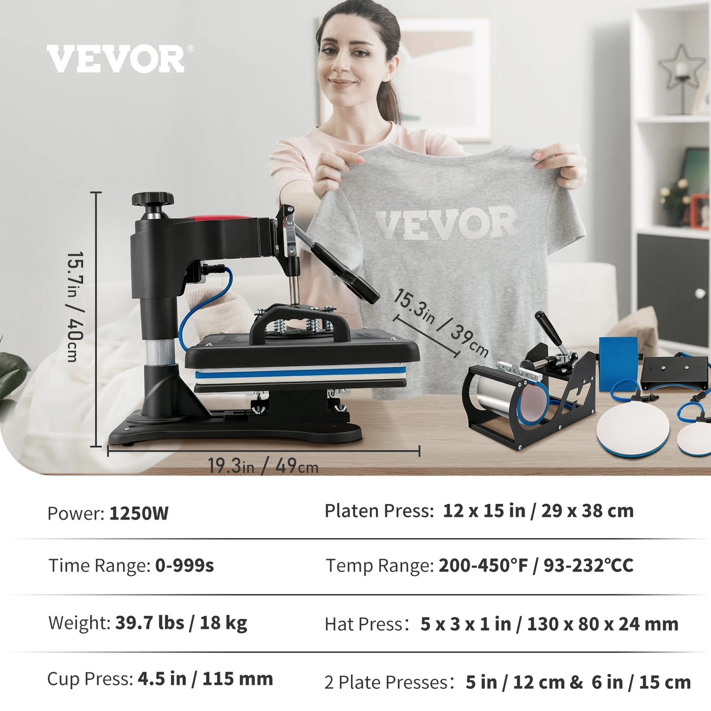 5-in-1 Hittepers Machine - Sublimatie Transferpers 12x15 Inch - Digitale Precisie Controle - 360° Draaisysteem - Hittebestendig - T-shirt, Mok, Cap & Keramiek Drukmachine - Zwart
