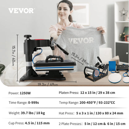 5-in-1 Hittepers Machine - Sublimatie Transferpers 12x15 Inch - Digitale Precisie Controle - 360° Draaisysteem - Hittebestendig - T-shirt, Mok, Cap & Keramiek Drukmachine - Zwart