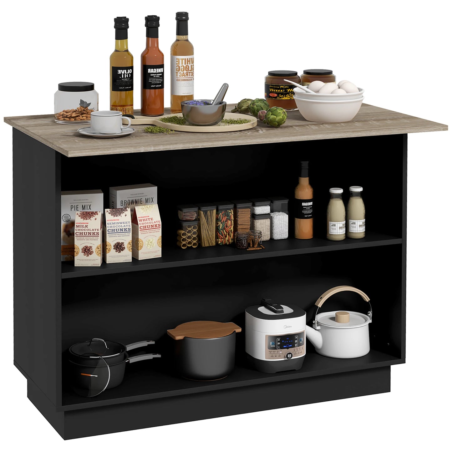 Keuken Zijtafel – Extra Werkruimte – Keukentafel – Opbergmeubel – Praktische Zijtafel – Push-To-Open Deuren - 105 x 60 x 82 cm - Zwart en Eiken - QUORE
