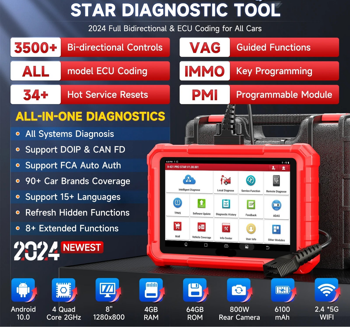 Autodiagnose Scanner – OBD Scanner – Auto Diagnose Tool – Foutcode Reader – Volledige Systeemdiagnose – 8 Inch Touchscreen – Wifi Updates