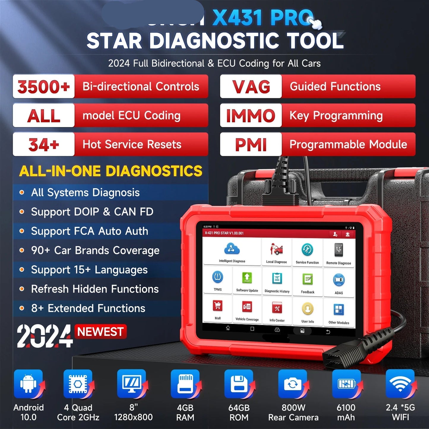 Professionele Auto Diagnose – OBD2 Scanner – Diagnosetool – Foutcode Uitlezer – Systeemtester – 8” Touchscreen – ECU-Codering