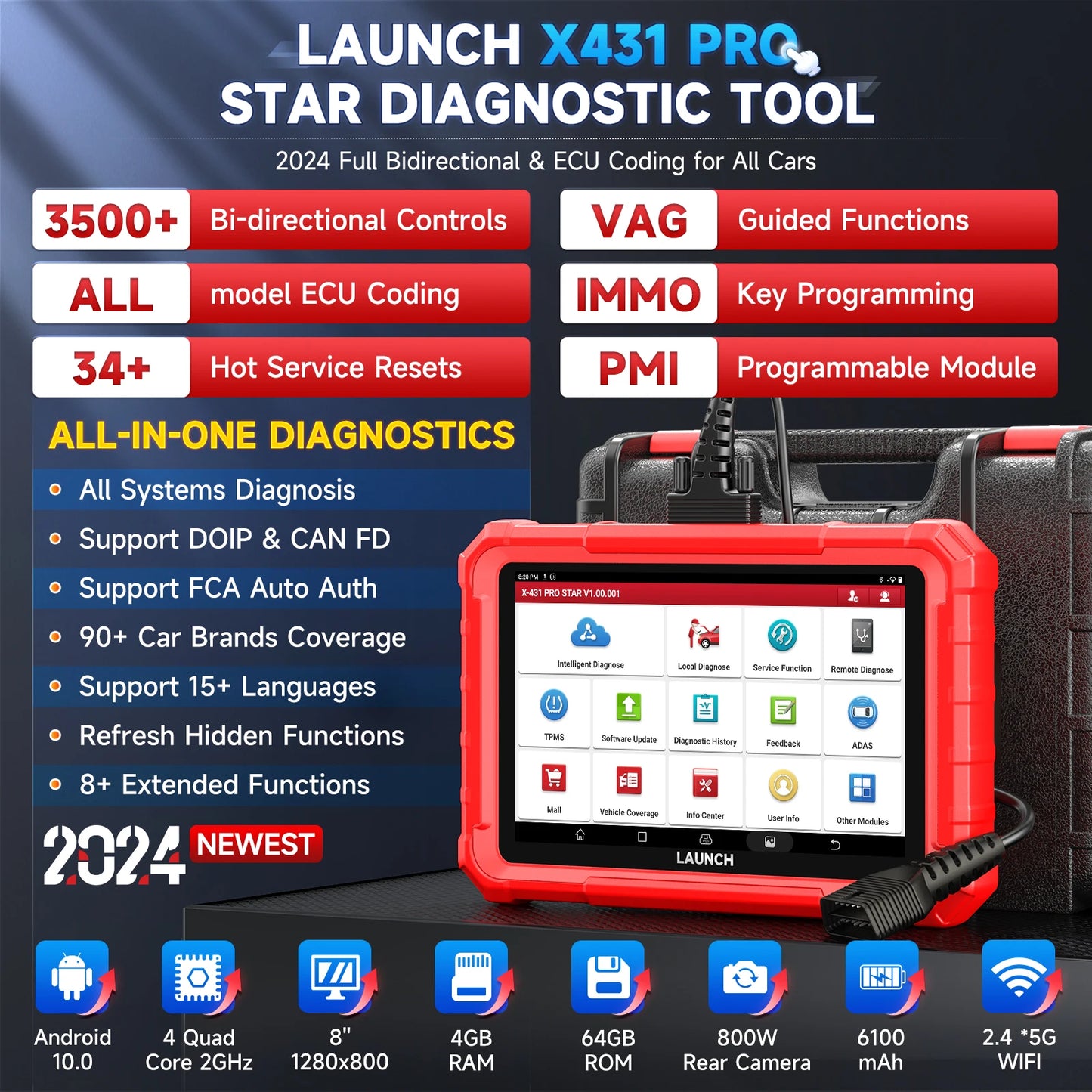 Professionele Auto Diagnosetool – OBD2 Scanner – Auto Diagnose Scanner – Voertuig Diagnosetool – Systeemdiagnose – 8-Inch Touchscreen – 6000mAh Batterij