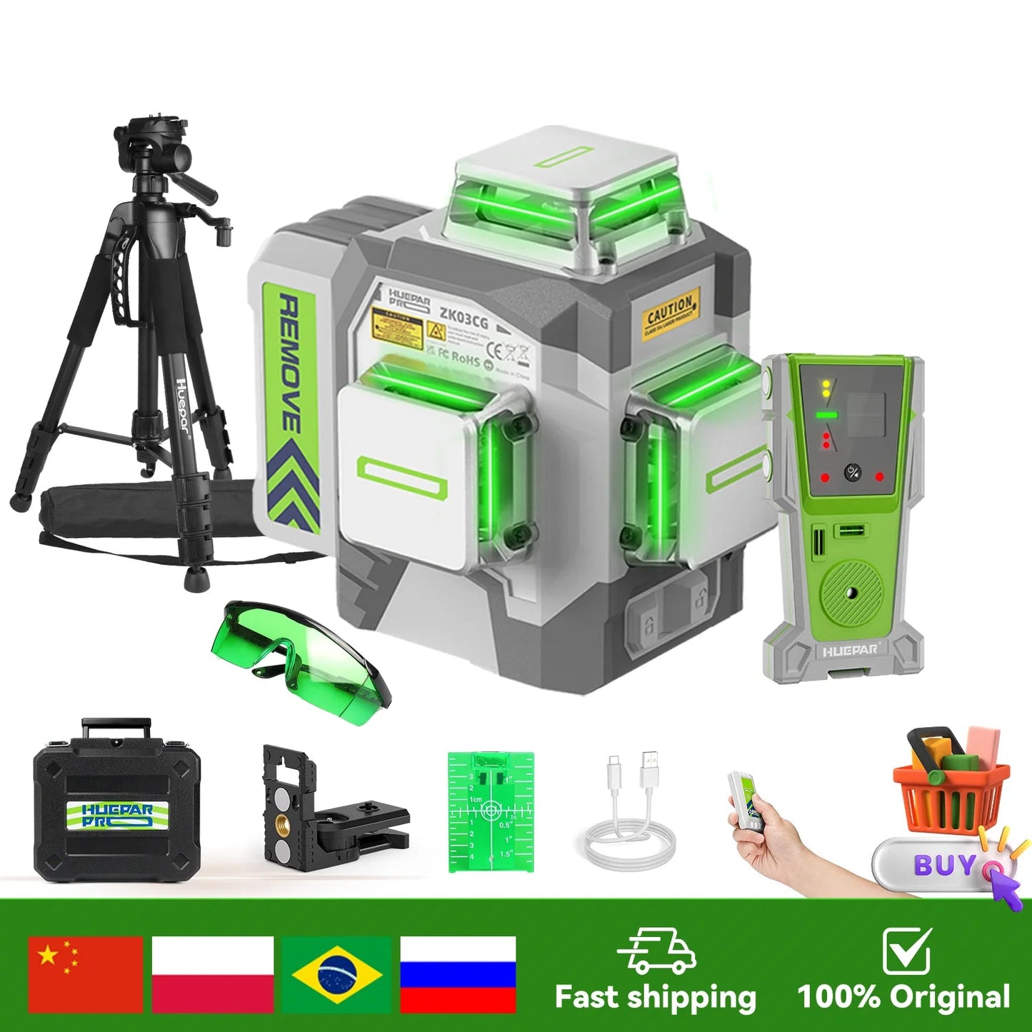 Laserwaterpas 12 Lijnen 3D – Kruislijnlaser – Nivelleerlaser – Groene Laserwaterpas – Zelfnivellerend – IP54 Water- En Stofdicht – 8000mAh Accu – Afstandsbediening
