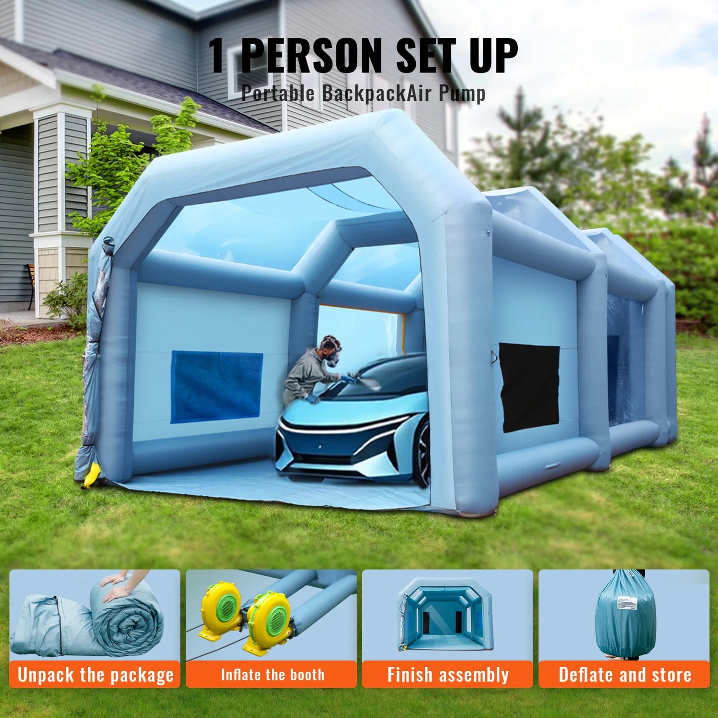 Spuitcabine - Verftent - Opblaasbare Verf Spuiterij - Verfcabine - 6x3x2.5m - 31kg - Krachtige Spray Booth met Blowers – Autospuit Tent met Luchtfiltersysteem - QUORE