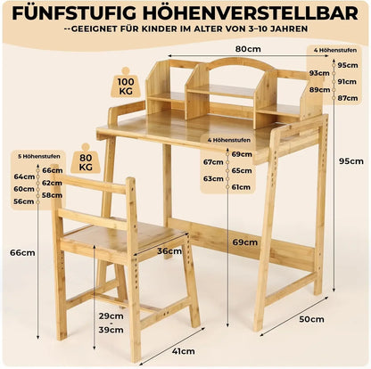 Kinderbureau met Stoel – Verstelbare Kindertafel en Kinderbureaustoel – Met Opbergruimte – Bamboe – 95x80x50 cm – Geschikt voor Kinderen van 3 tot 10 Jaar