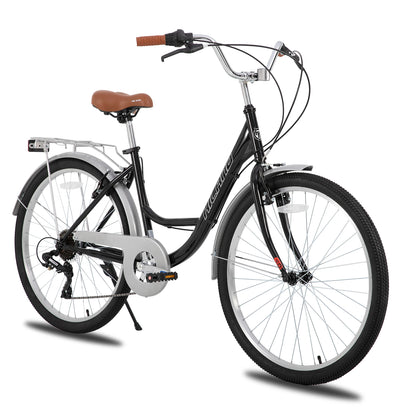 HILAND 26 inch Complete Beach Cruiser Bike for Adults, 7 Speed Step-Through Frame Womens Bicycle with Rear Rack, Retrospec Bike