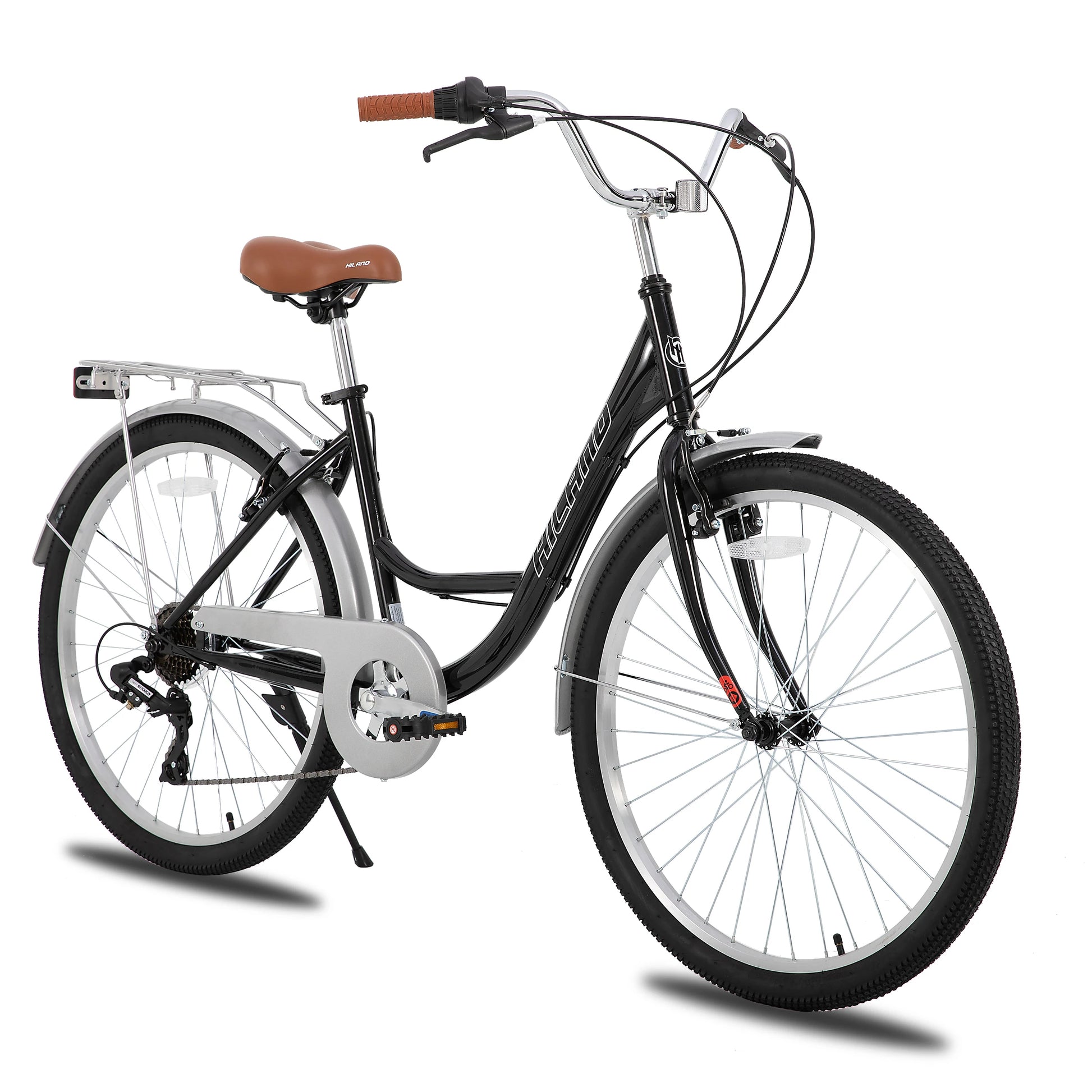 HILAND 26 inch Complete Beach Cruiser Bike for Adults, 7 Speed Step-Through Frame Womens Bicycle with Rear Rack, Retrospec Bike - QUORE