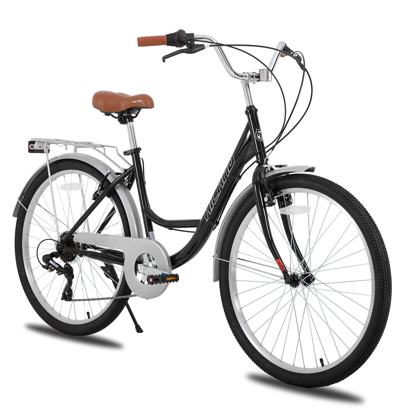 HILAND 26 inch Complete Beach Cruiser Bike for Adults, 7 Speed Step-Through Frame Womens Bicycle with Rear Rack, Retrospec Bike