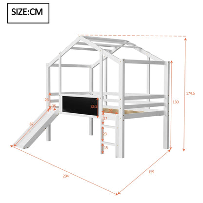 Children's Bed 90 X 200 Cm Attic Design with Safety Ladder and Safety Slide, with Graffiti Board, Multifunction Solid Wood Bed
