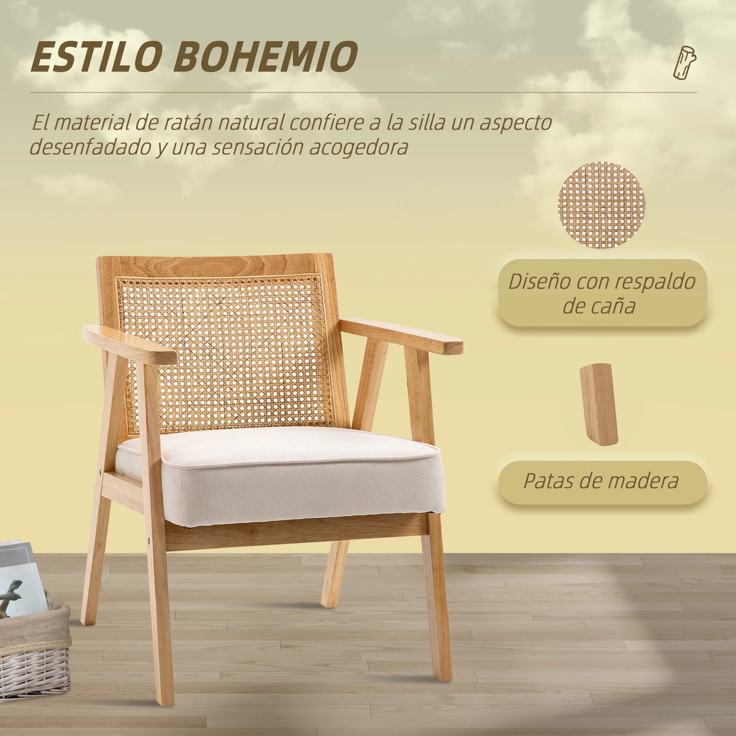 Fauteuil – Loungefauteuil – Relaxstoel – Zetel – Rattan Rugleuning – Stevige Rubberhouten Constructie – Ademend Zitkussen