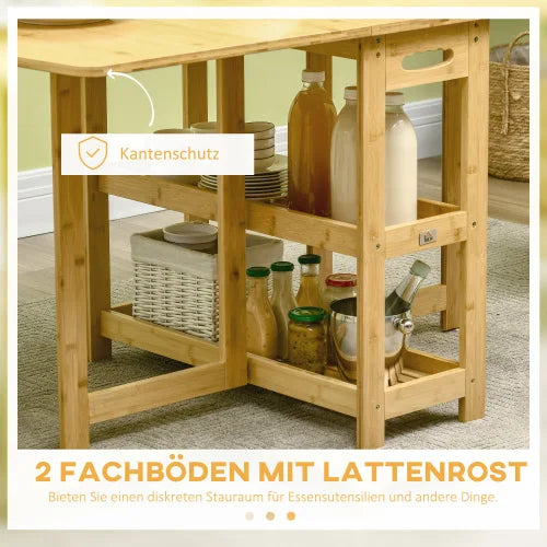 Opvouwbare Eettafel – Klaptafel – Uitklapbare Tafel – Bamboe Tafel – Verstelbare Poten – 2 Opbergruimtes - 59.5 x 80 x 73.5 cm - Houtkleur