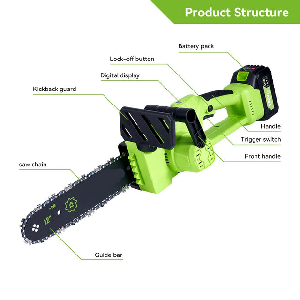 Elektrische Kettingzaag - Accu Kettingzaag - 6000W - 18V - 20000rpm- Tuinboom snoeigereedschap - 15m/s - 12 Inch - 2 Batterij - Snijbreedte 60cm - QUORE