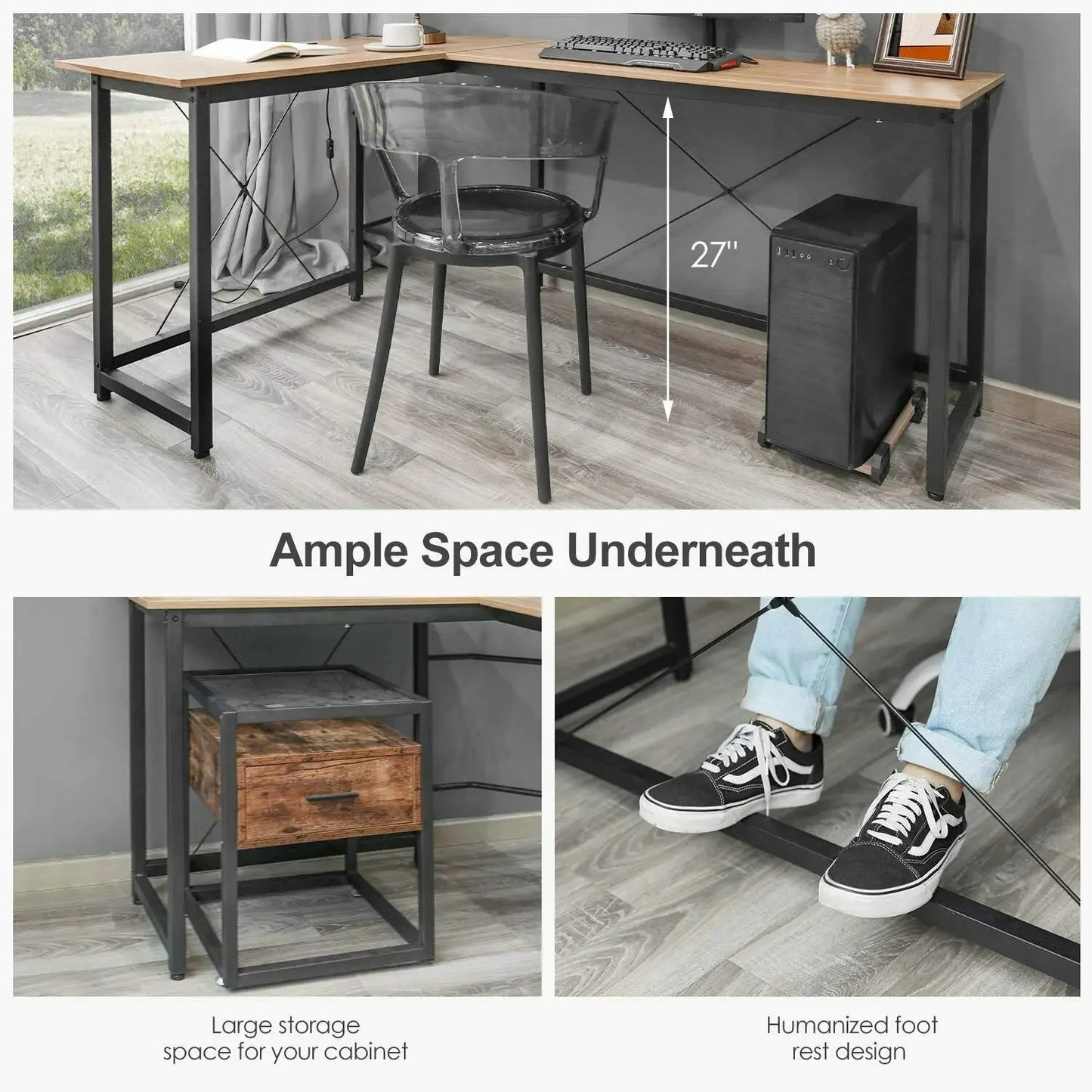 L-vormige Bureau - 170cm - Gaming - Werkstation Tafel - Bevestigingshaak - Stabiele Constructie - Metalen frame - 170x120 x75cm - Mahonie - QUORE