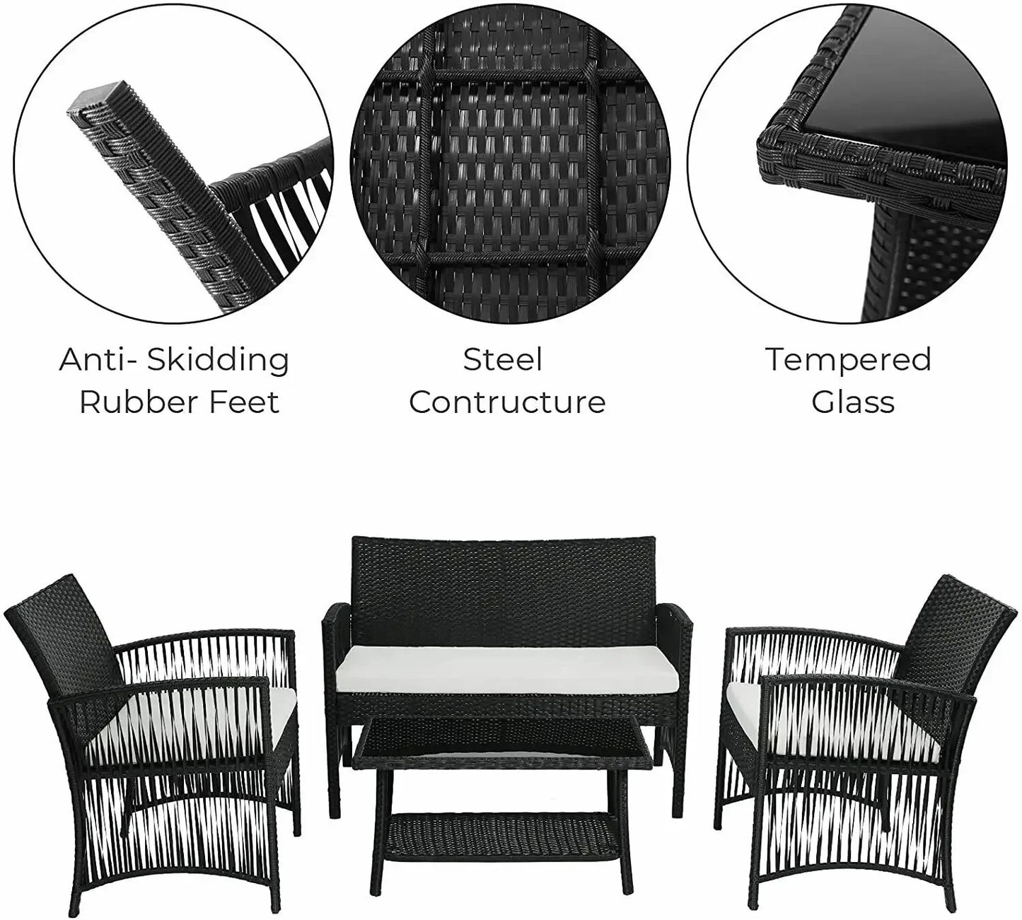 Tuinmeubelset - Tuinset - Bistroset - Tuintafel met Stoelen - Balkonset met Kussen - Glas Tafelblad - Stoelen & Tafel - Rietenmeubelset - voor Tuin - Terras - Balkon - Buiten - Zwart