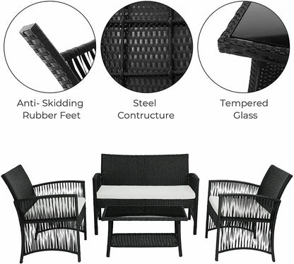 Tuinmeubelset - Tuinset - Bistroset - Tuintafel met Stoelen - Balkonset met Kussen - Glas Tafelblad - Stoelen & Tafel - Rietenmeubelset - voor Tuin - Terras - Balkon - Buiten - Zwart