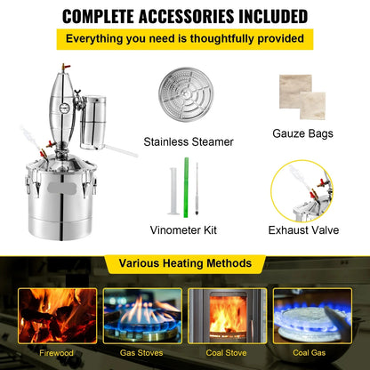 Alcohol Distilleerder - Destilleerapparaat Etherische Olie - Moonshine Still Distiller - Distilleerketel voor Alcohol - 20L - RVS - Bierbrouw Installatie - DIY Wijnapparaat - voor Bier - Wijn - Moonshine & Etherische Oliën