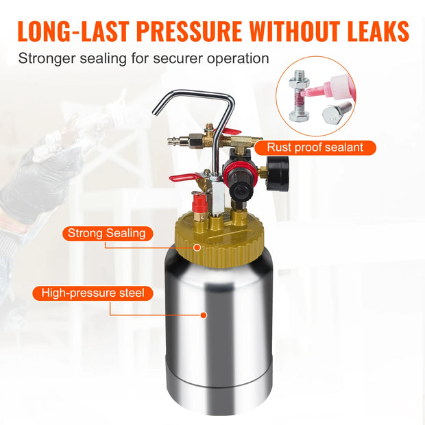 Vevor - Paint Sprayer - Pressure Vessel Tank - Lightweight - Air Paint Pressure Vessel - 1.8mm Nozzle - Paint Spray Gun - 3m Hoses - 2L - Silver
