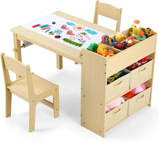 Kindertafel – Creatief Meubel – Speeltafel – Tekentafel – Houten Knutseltafel voor Kinderen – Met Papierrolhouder – Inclusief 2 Stoelen & Opbergruimte - Natuurlijk Hout - QUORE