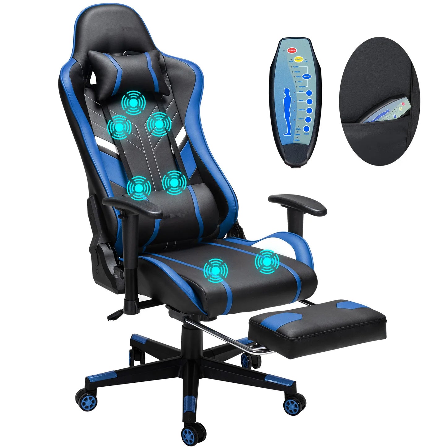 Gamingstoel – Bureaustoel – Gamestoel – Massagestoel – Ergonomische Stoel – Massagefunctie Nek En Rug – Verstelbare Hoofdsteun En Voetensteun - Zwart & Blauw - QUORE