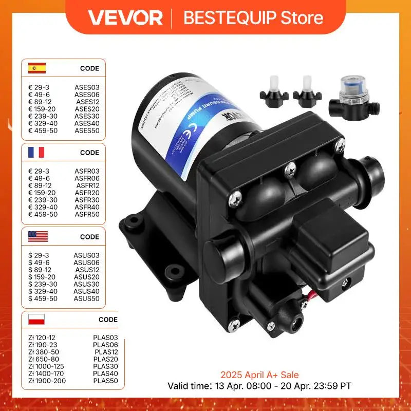 VEVOR Fresh Water Pump 3 GPM with Pressure Switch 45 PSI Detachable Strainer 12V Diaphragm Pump for RV Camper Marine Boat Lawn - QUORE