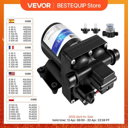VEVOR Fresh Water Pump 3 GPM with Pressure Switch 45 PSI Detachable Strainer 12V Diaphragm Pump for RV Camper Marine Boat Lawn - QUORE