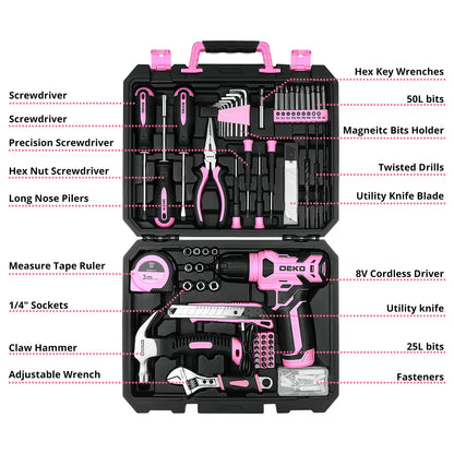 Deko - Basis gereedschapsset - Gereedschap - 126-delig - Gereedschapsset - Elektrische gereedschapscombinatiesets - Gemengde gereedschapsset - 8V snoerloze boormachine - Roze