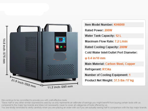 Industriële Waterkoeler - Chiller Industriële - Luchtgekoeld Industrieel Water Chiller - 200W – 12L Waterreservoir – 7.8 L/min – Compressor Koelsysteem – Geschikt voor CO₂ Lasers tot 100W – Waterchiller met Alarmfuncties - Grijs