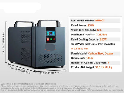 Industriële Waterkoeler - Chiller Industriële - Luchtgekoeld Industrieel Water Chiller - 200W – 12L Waterreservoir – 7.8 L/min – Compressor Koelsysteem – Geschikt voor CO₂ Lasers tot 100W – Waterchiller met Alarmfuncties - Grijs