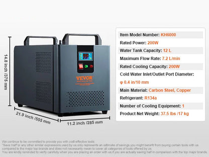 Industriële Waterkoeler – Koelsysteem – Lasermachine Koeling – Laserkoeler – Compact Ontwerp – 12 Liter Tank – 200W Compressor