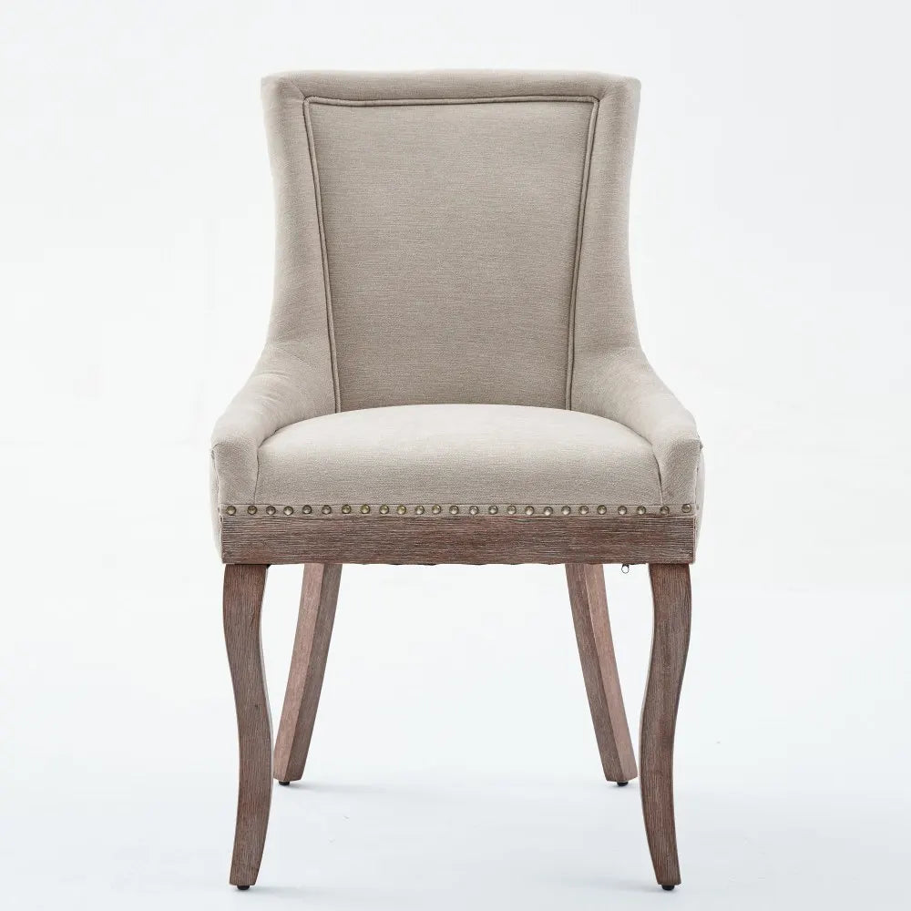 Eetkamerstoel – Stoel – Dinersstoel – Zitstoel – Set van 2 – Beige Chenillestof – Massief Houten Poten – Bronzen Nagelkoppen – Comfortabele Stevige Constructie