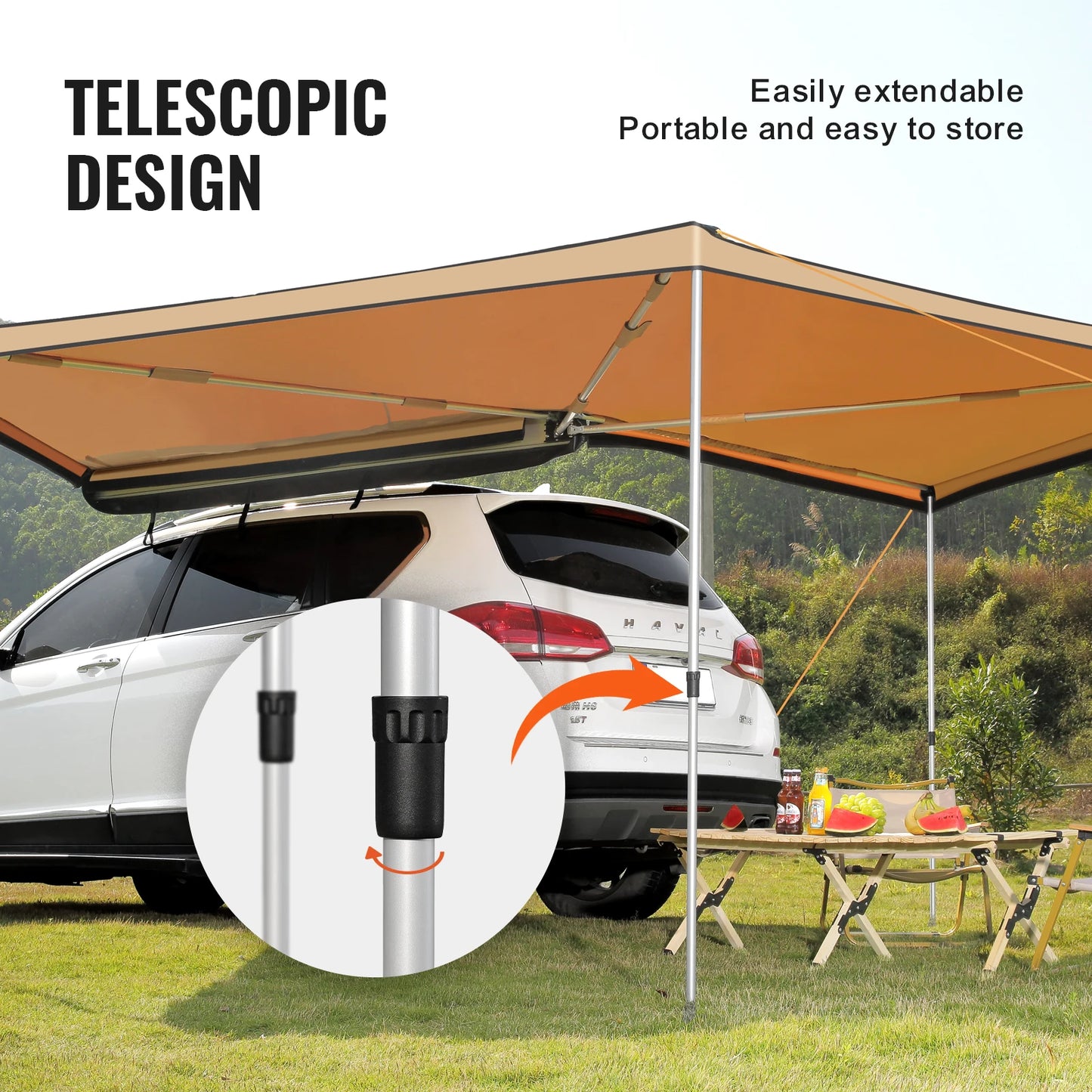 270° Luifel - Uitschuifbare - Autozijluifel - Waterdichte Dakluifel - voor SUV - Camper en Truck - 280G Polyester Stof - met PU3000mm Coating - 4.6x6.6ft - QUORE