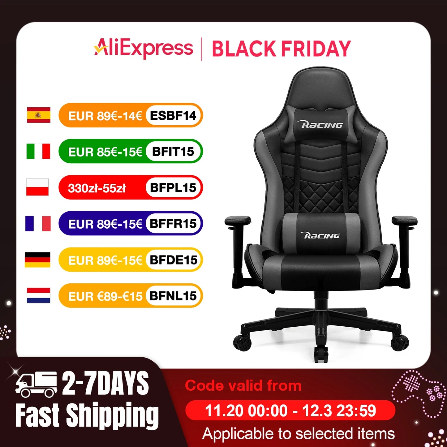 Ergonomische Gamingstoel – Bureaustoel – Relaxstoel – Office Chair – Zwart Grijs – Verstelbare Armleuningen – Rugleuning 90°-170°