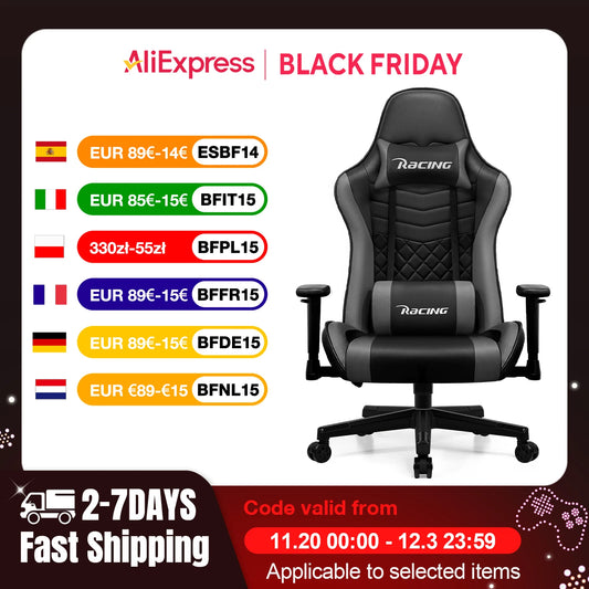 Ergonomische Gamingstoel – Bureaustoel – Relaxstoel – Office Chair – Zwart Grijs – Verstelbare Armleuningen – Rugleuning 90°-170°