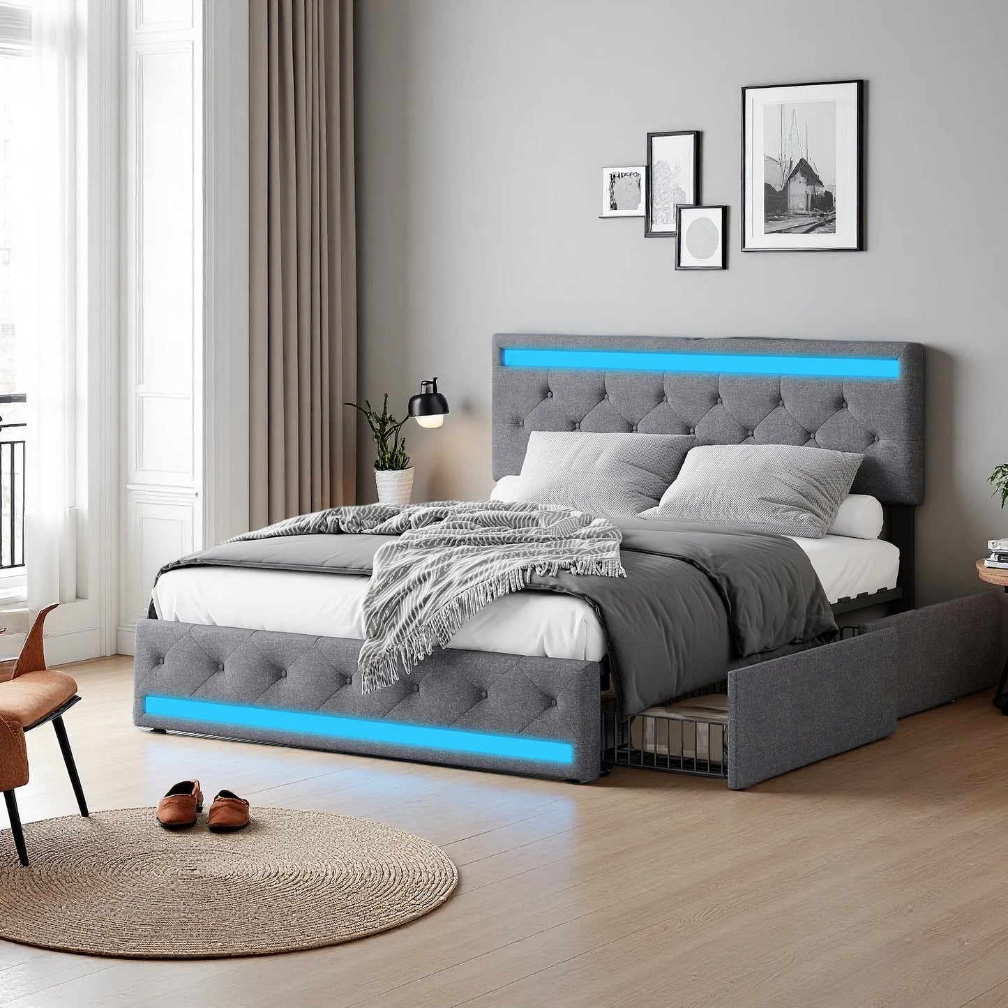 Opbergbed – Gestoffeerd Bed – Tweepersoonsbed – Opbergruimte Bed – Ladebed – 180x200 cm – Linnen Hoofdbord met LED Verlichting – Met 4 Ruime Lades