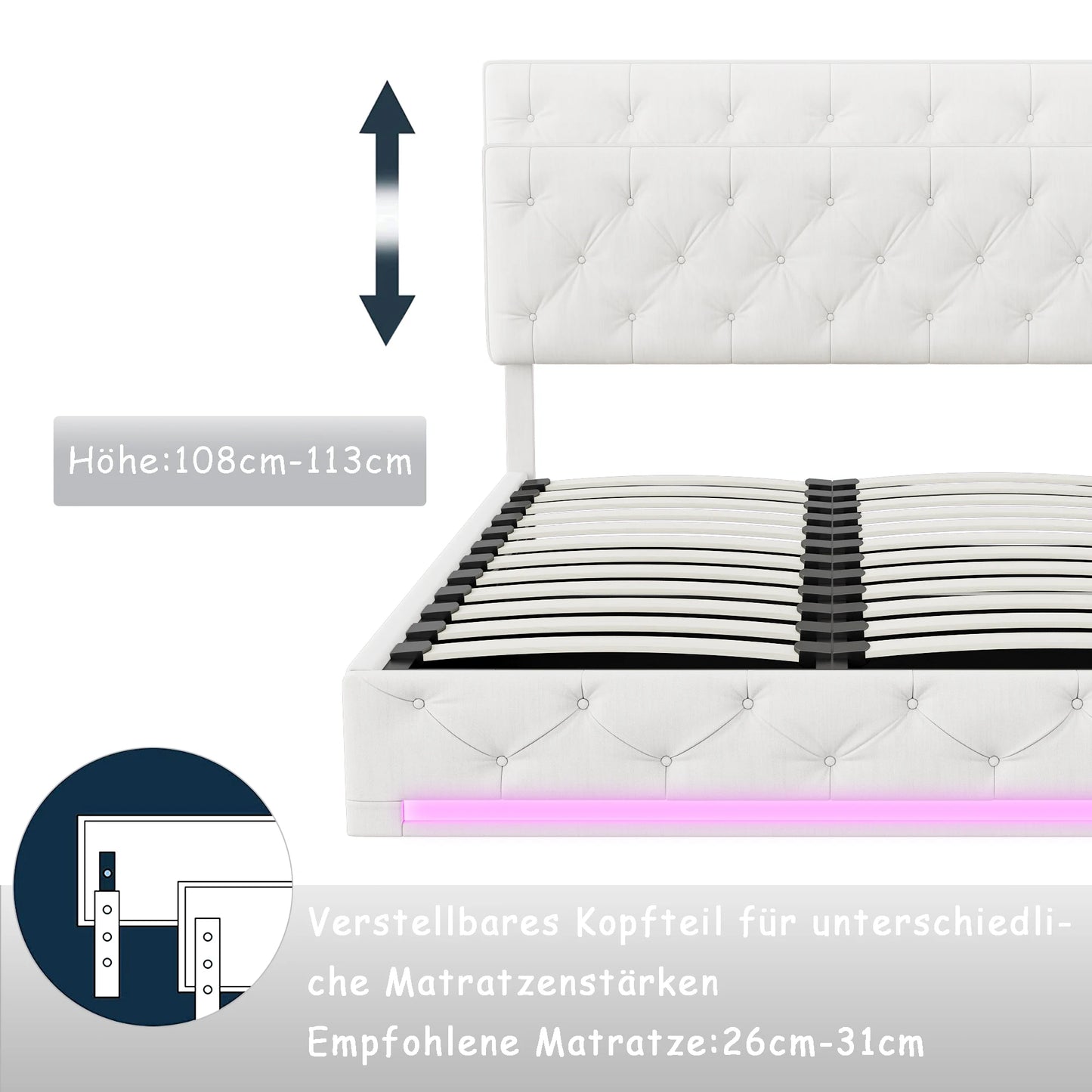 Opbergbed – Boxspringbed – Bed Met Opbergruimte – Hydraulisch Bed – Verstelbaar Hoofdbord – Linnen Bekleding – LED-Verlichting - 140 x 200 cm