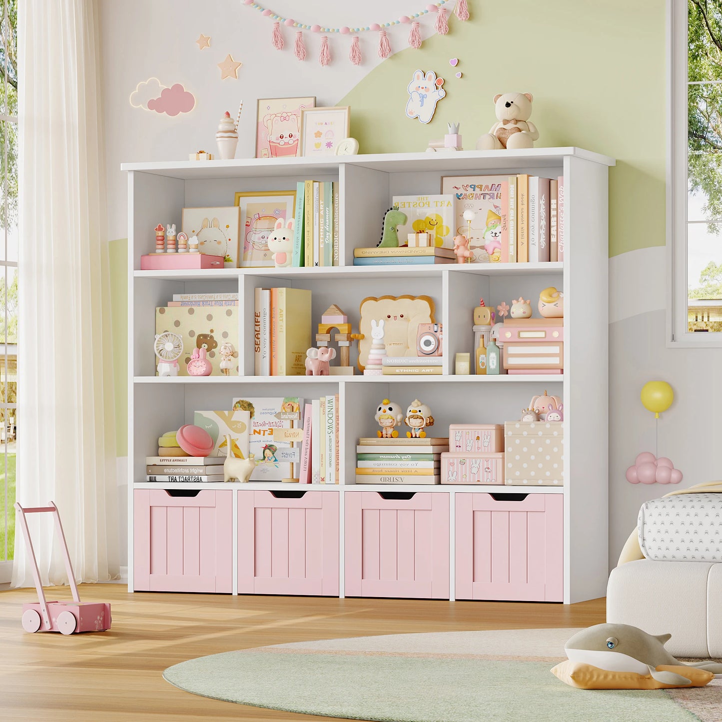 Speelgoedopberger – Speelgoedkast – Kinderboekenkast – Speelkamermeubel – Kinderspeelgoed Organizer – Roze Variant – 125,5x33x118 cm – 4 Lades met 360° Wieltjes