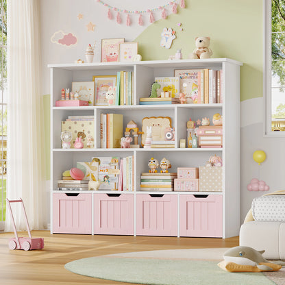 Speelgoedopberger – Speelgoedkast – Kinderboekenkast – Speelkamermeubel – Kinderspeelgoed Organizer – Roze Variant – 125,5x33x118 cm – 4 Lades met 360° Wieltjes