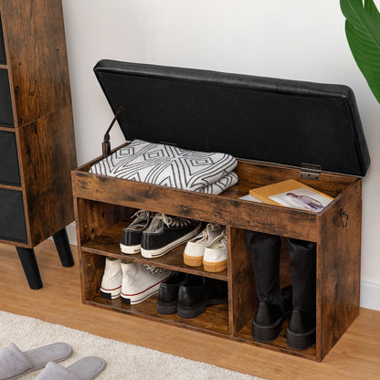 Schoenenbank - Schoenen Opbergsysteem – 3 Vakken - Opbergbox - Schoenenrek – Industrieel - Hout – Opbergruimte Onder De Zitting – Halbank - 82 x 31 x 46,5 cm - Rustic Brown - QUORE
